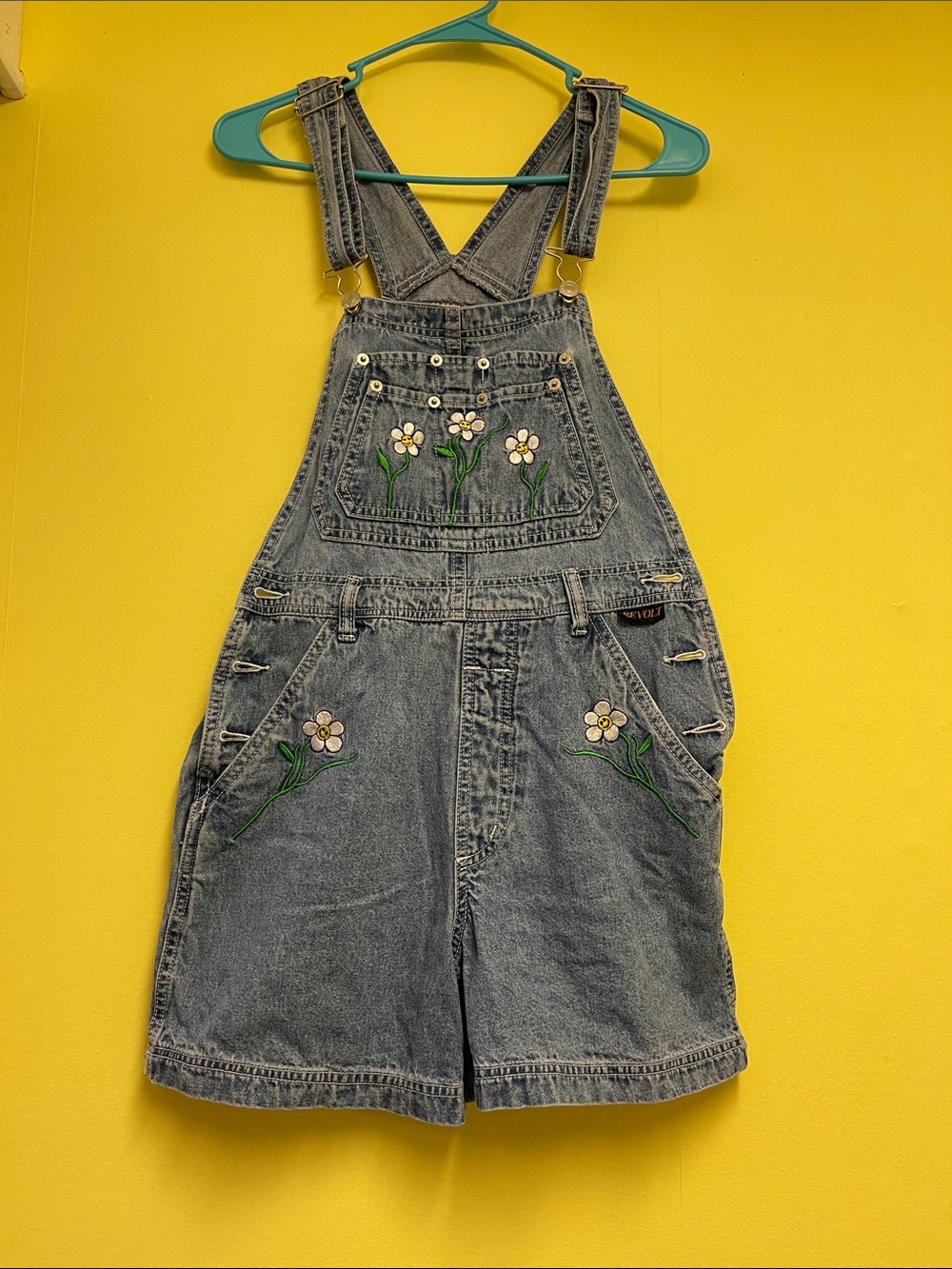 Revolt Y2K Denim Short Overalls with Floral Embroidery - Light Blue